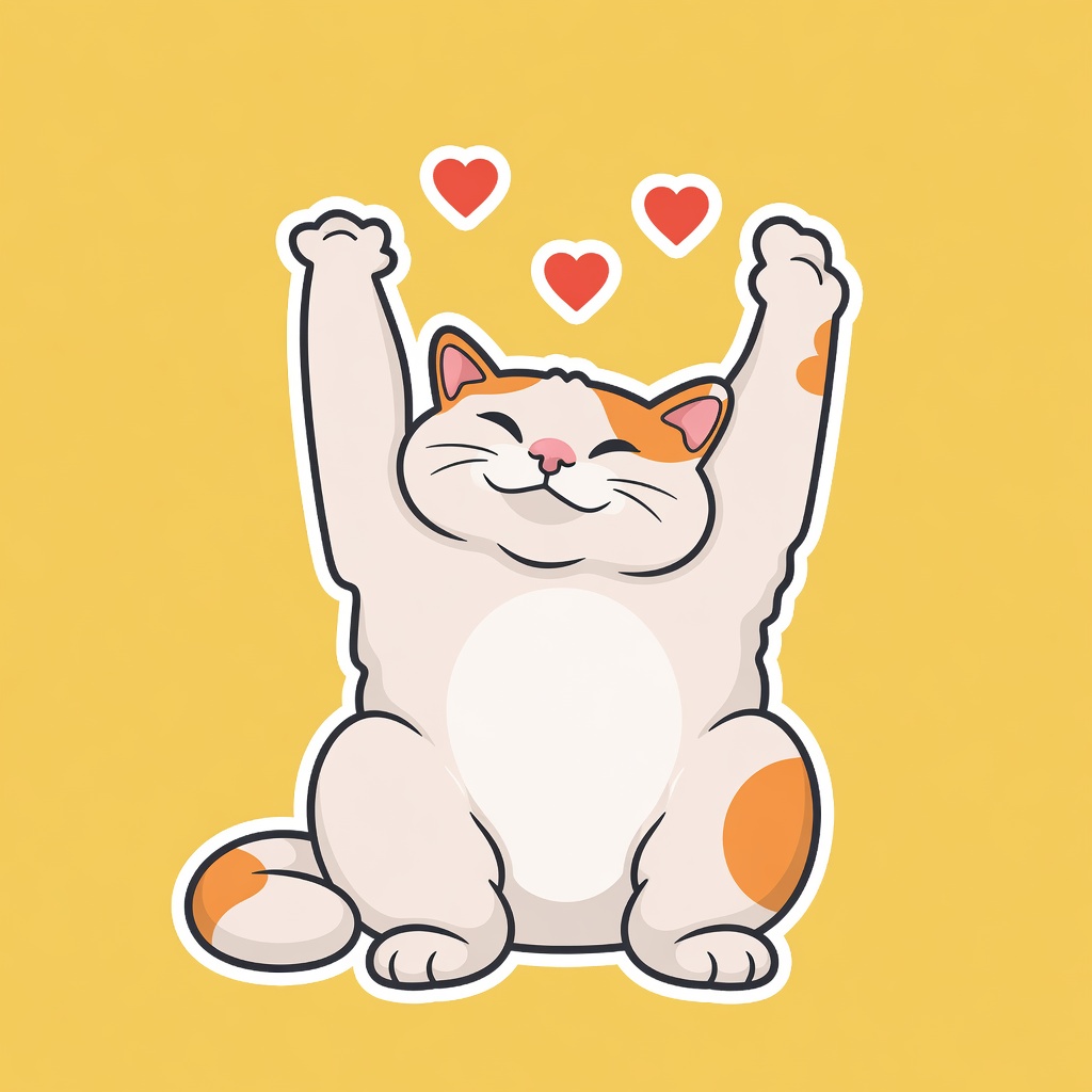HAPPY CAT sitting with both paws raised and three hearts
