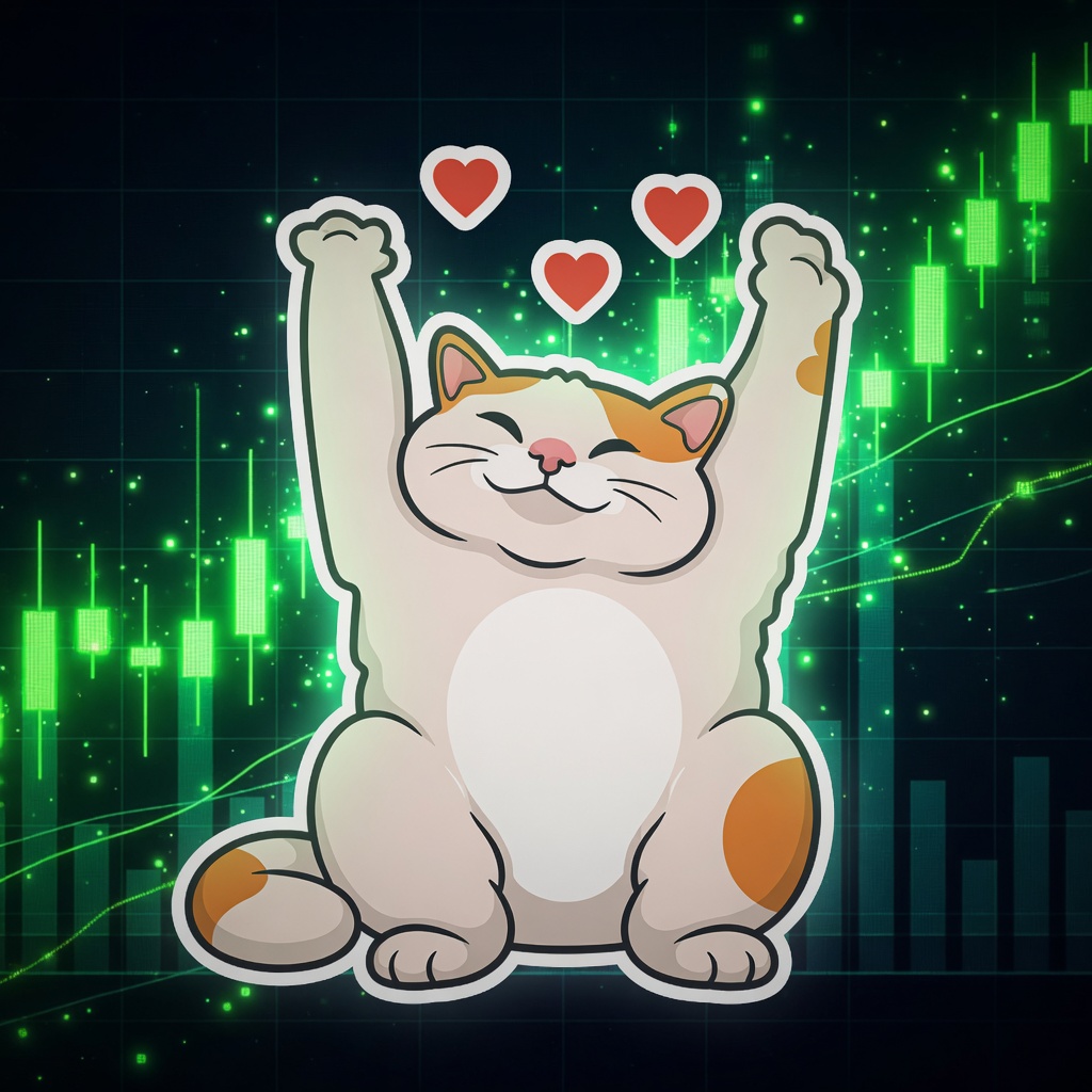 HAPPY CAT celebrating in front of green crypto candles
