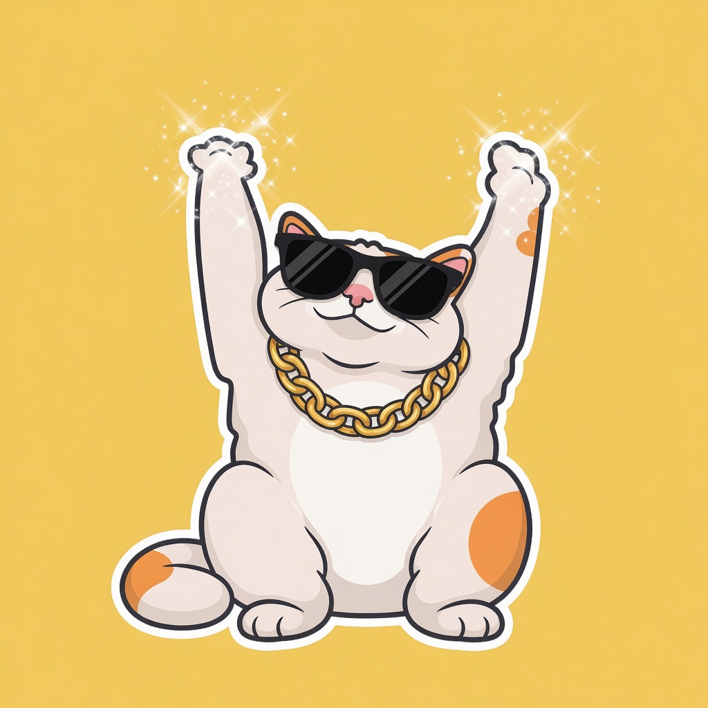 HAPPY CAT wearing sunglasses and a gold chain