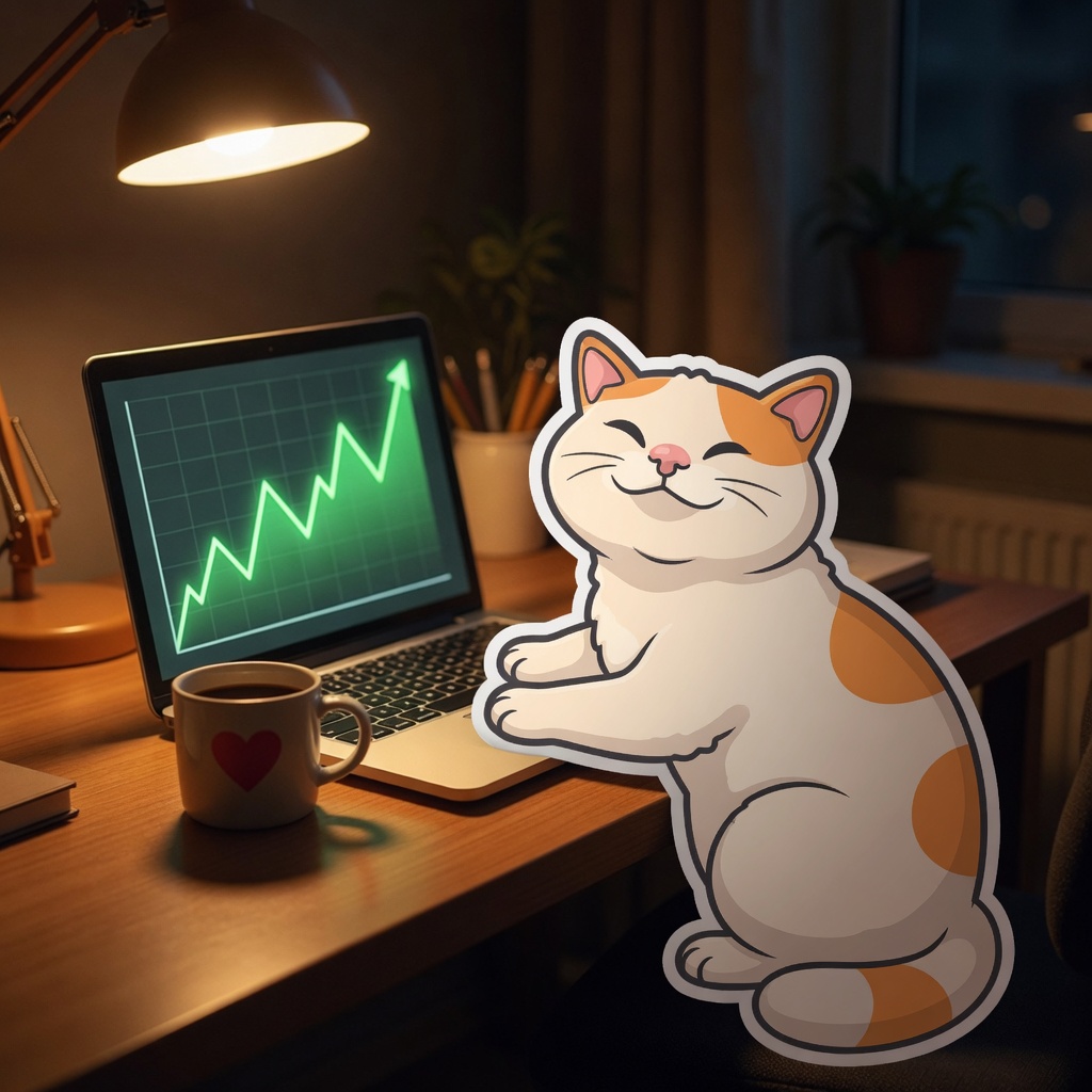HAPPY CAT sticker at a desk with a green chart on a laptop