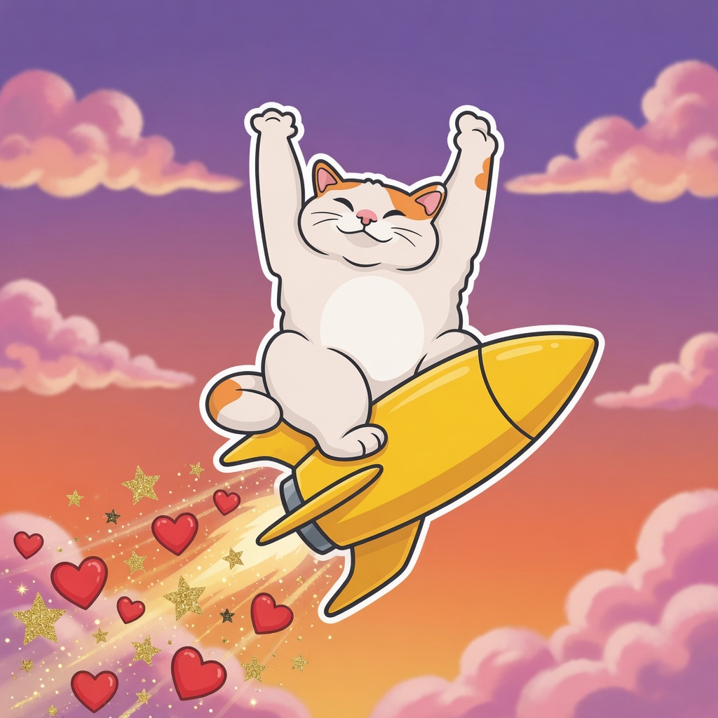 HAPPY CAT riding a yellow rocket through a sunset sky