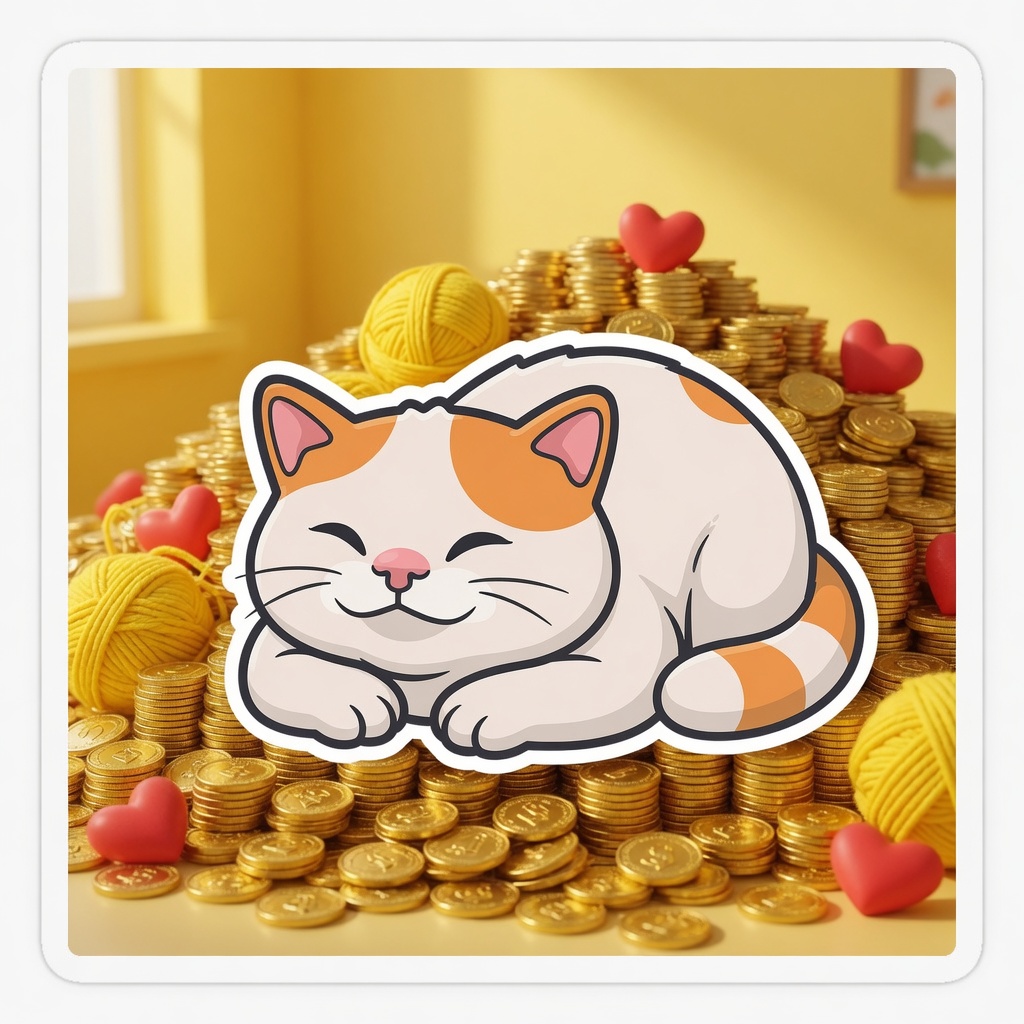 HAPPY CAT napping on a pile of gold coins and yarn