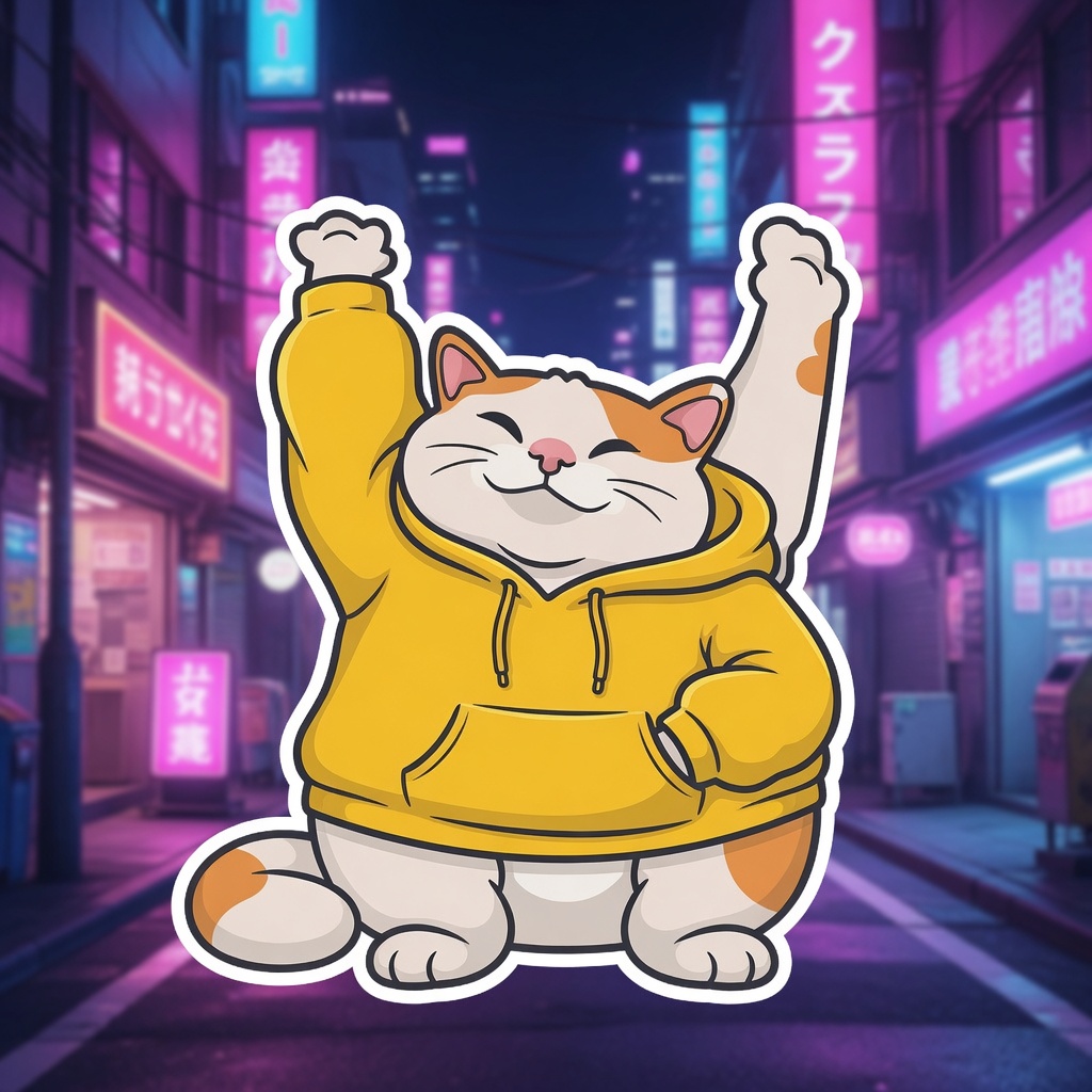 HAPPY CAT in a yellow hoodie on a neon city street
