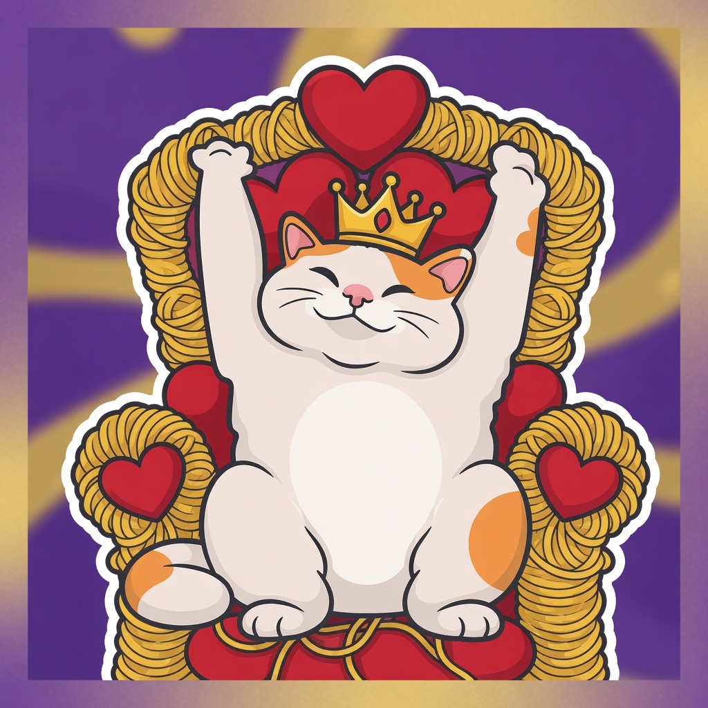 HAPPY CAT wearing a crown on a yarn and heart throne