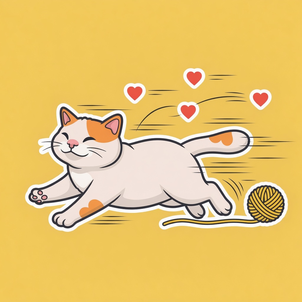 HAPPY CAT sprinting after a yarn ball