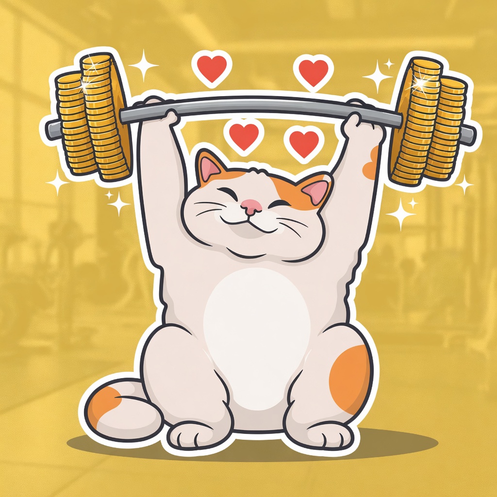 HAPPY CAT lifting a barbell made of gold coins