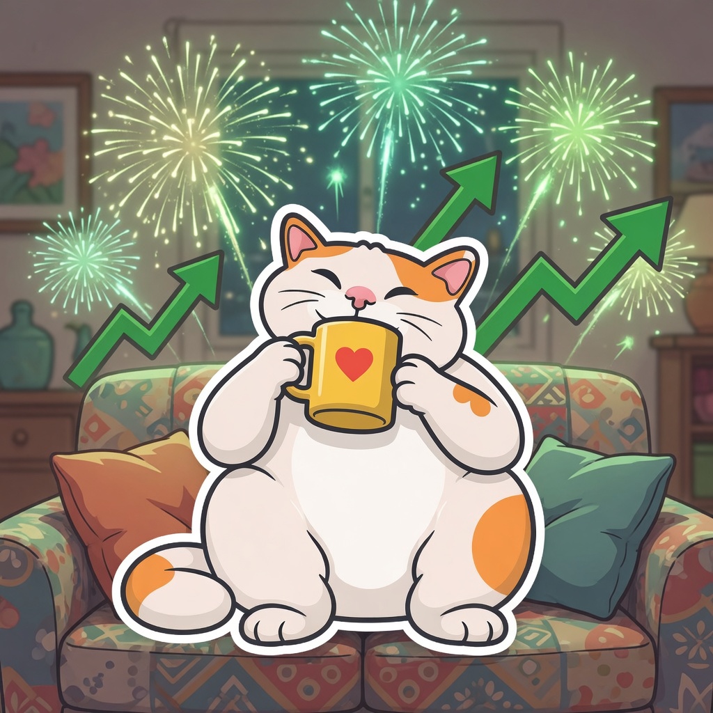 HAPPY CAT sipping coffee on a couch while green fireworks go off